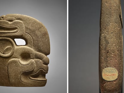 Dos ángulos del hacha maya subastada por 352.800 dólares en Nueva York este martes.