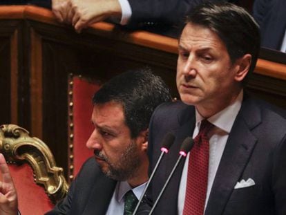 El primer ministro italiano, Giuseppe Conte, durante su comparecencia de hoy en el Senado.