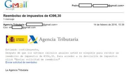 Captura de un email enviado durante la campaña de 'phishing' que suplantaba a la Agencia Tributaria.