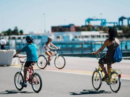 Ciclistas de distintas edades pedalena por el carril bici de La Marina, en Valencia. En vídeo, cada vez se usa más la bicicleta para deplazmientos habituales.