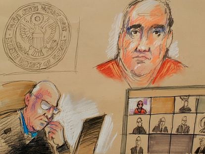 Dibujo de la comparecencia de Alex Saab el pasado 18 de octubre ante un juez en Miami (EE UU).