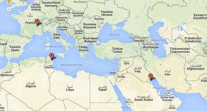 Mapa de la ola de ataques yihadistas de este viernes.