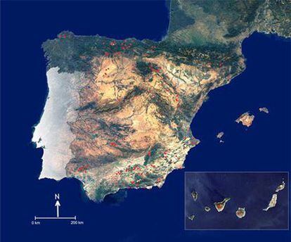 Localizacion de los lugares de interés geológico en España.