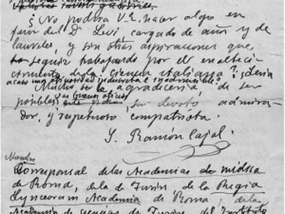 Borrador de la carta enviada por Cajal pidiendo la liberación del científico italiano Giuseppe Levi, en 1934.