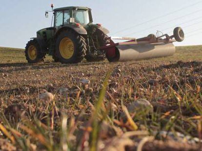 Un tractor trabaja en un campo reseco de Morata de Taju&ntilde;a (Madrid).