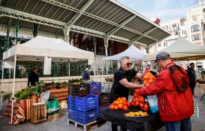 Un hombre compra naranjas en un puesto del nuevo mercado de la huerta del Pla del Remei, este martes.