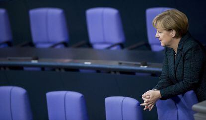 La canciller Merkel, en el debate celebrado este mi&eacute;rcoles en el Parlamento alem&aacute;n, en Berl&iacute;n
