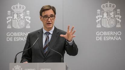 El ministro de Sanidad, Salvador Illa, durante una rueda de prensa ofrecida en el Ministerio de Sanidad.