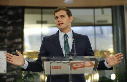 Albert Rivera, durante la rueda de prensa en el Congreso tras la reunión con Mariano Rajoy.