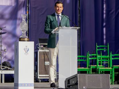 El presidente de la Junta de Andalucía, Juan Manuel Moreno Bonilla, participa este jueves, en la Inauguración Copa Solheim de Golf 2023, en Málaga (Andalucia).