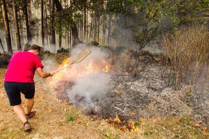Un voluntari intenta apagar les flames a Pazos de Borbén (Pontevedra).