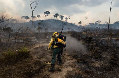 Un bombero sofoca el fuego en la zona amazónica de Nova Fronteira, Brasil, en septiembre de 2019. Estos incendios ocurren en temporadas de sequía, debido en parte al constante despeje del bosque para dar paso a actividades de ganadería, agricultura y explotación minera.