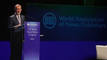 El rey Felipe VI, durante su discurso en el Congreso Mundial de Medios de Comunicación.