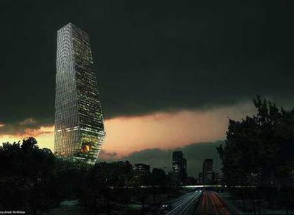 Imagen virtual del <i>skyline</i> de México DF con la Torre Bicentenario proyectada por Rem Koolhaas.
