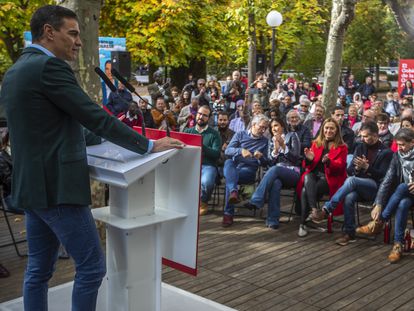 Pedro Sánchez, durante su intervención, este sábado, en el acto organizado por el PSOE en Soria.