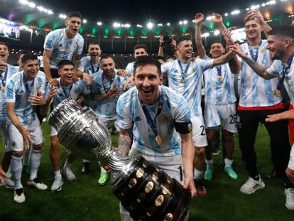 Lionel Messi celebrates after winning the Copa America with Argentina, in 2021.