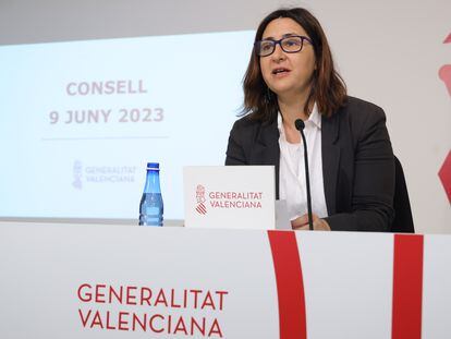 La consejera Rosa Pérez Garijo en la rueda de prensa posterior al pleno del Consell de este 9 de junio en Valencia.
