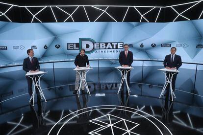 Pablo Casado, Pablo Iglesias, Pedro Sánchez y Albert Rivera, en el segundo de los dos debates de las elecciones generales del 28 de abril, organizado por Atresmedia.