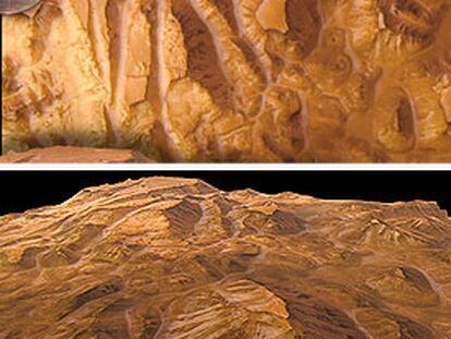 Imagen en tres dimensiones de Marte tomada por <i>Mars Express</i> y reconstrucción en perspectiva (abajo).