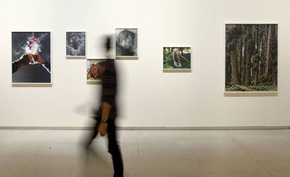 Un visitante observa unas fotos del artista Torbjørn Rødland en la exposición 'My Cartography. The Erling Kagge Collection', en la Sala de Arte Santander.