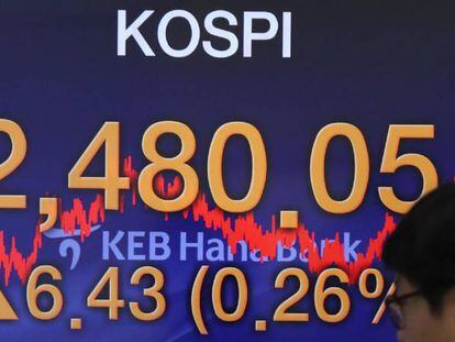 Una pantalla muestra el valor alcanzado por el índice KOSPI de la Bolsa de Seúl.
