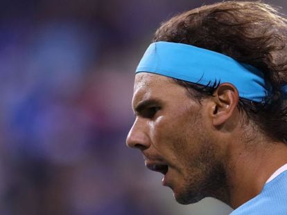 Rafael Nadal, en el seu partit d'ahir contra Gilles Mulleren a Indian Wells.