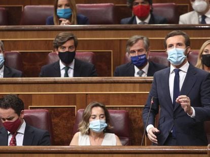 El presidente del PP, Pablo Casado, interviene durante la sesión de control la semana pasada en el Congreso.