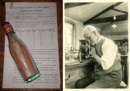 Una de las botellas (izquierda) que envió el biólogo marino G. P. Bidder (derecha) entre 1904 y 1906 para estudiar las corrientes en el mar del Norte.