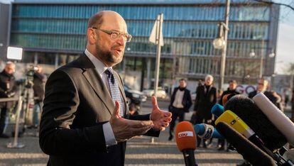 El l&iacute;der socialdem&oacute;crata, Martin Schulz, en una declaraci&oacute;n a la prensa este martes en Berl&iacute;n.