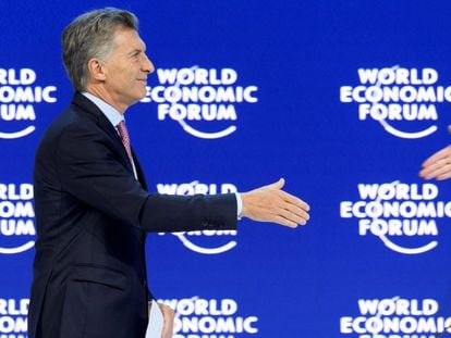 El presidente argentino, Mauricio Macri, interviene en el Foro Económico Mundial que se celebra en Davos (Suiza), el 25 de enero de 2018.