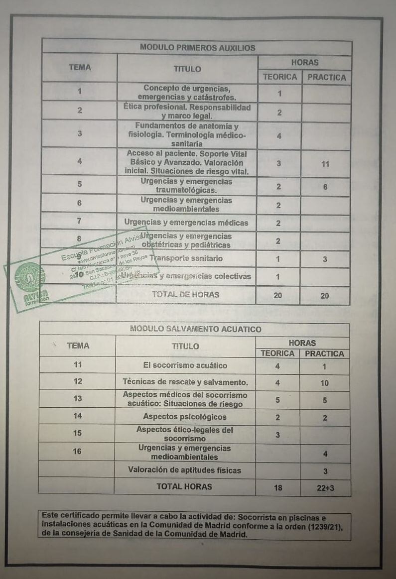 El falso diploma con el sello de una escuela oficial de socorrismo madrileña.