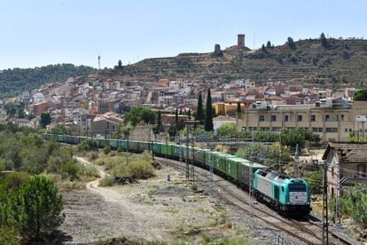Un tren de mercancías a su paso por Ascó.