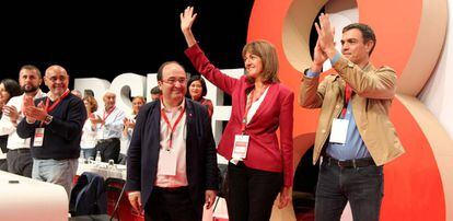 Miquel Iceta, Idoia Mend&iacute;a y Pedro S&aacute;nchez en el congreso del PSE-EE. 