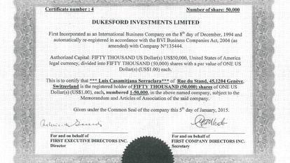 Documento que acredita a Lluís Casamitjana como propietario de Dukesford Investments