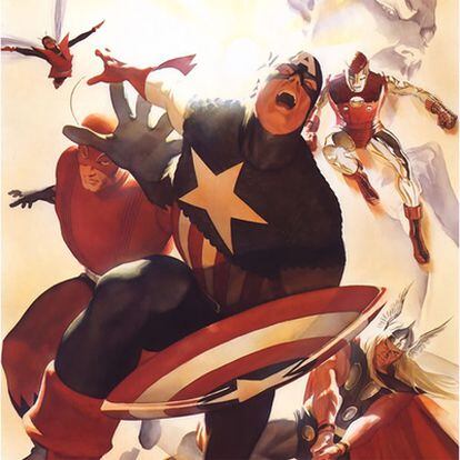 El grupo de superhérores Los Vengadores, con Iron Man, Thor y el Capitán América, en primer plano, pintados por Alex Ross.