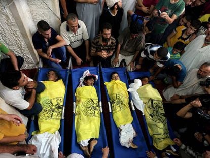 Funeral de los cuatro niños muertos en Gaza en un ataque israelí el 14 de julio de 2014.