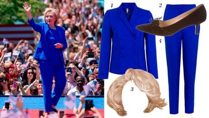 Hillary Clinton

1. Chaqueta de traje de Topshop (89 euros) 2. Pantalón de traje de Topshop (46 euros) 3. Peluca rubia. Similar en Amazon (15 euros aproximadamente) 4. Zapatos vintage de Manolo Blahnik a la venta en The Real Real (68 euros aproximadamente).