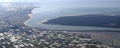 Vista aérea de la desembocadura del río Guadalquivir y del espacio protegido de Doñana, rodeado de cultivos de fresas.