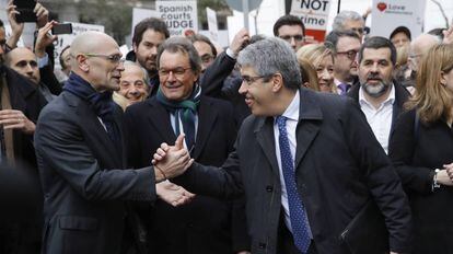 Francesc Homs, Ra&uacute;l Romeva y Artur Mas este febrero en el Tribunal Supremo.