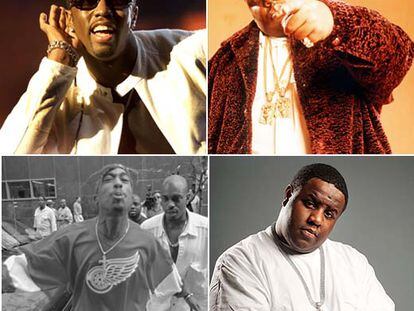 En el sentido de las agujas del reloj, Sean <i>Diddy </i>Combs en una actuación en febrero en Nueva York; Notorious B.I.G., poco antes de ser asesinado; Jamal <i>Gravy</i> Woolard, que encarnará a Notorious en la gran pantalla, y Tupac Shakur escupe a un fotógrafo a la salida de un juicio en 1994.