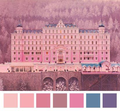 Paleta cromática de 'El Hotel Gran Budapest' (2014) de Wes Anderson. |