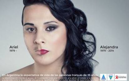 Fundación Huesped. "En Argentina la expectativa de vida de una persona trans es de 35 años. La discriminación impide el acceso de la población trans a la educación, a la salud, al trabajo, a la vivienda y a una vida como cualquier otra persona. Igualdad de oportunidades. Igualdad de esperanzas. Igualdad". Agencia desconocida.