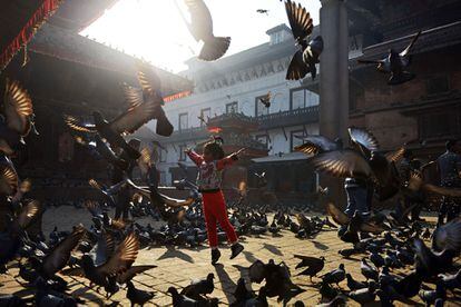 Una niña juega con las palomas en la plaza Durbar en Katmandú (Nepal).