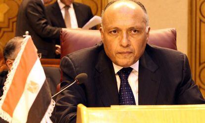 El ministro de relaciones exteriores de Egipto, Sameh Shoukry, en una reuni&oacute;n de la Liga &Aacute;rabe el lunes. / Khaled Elfiqi (Efe)