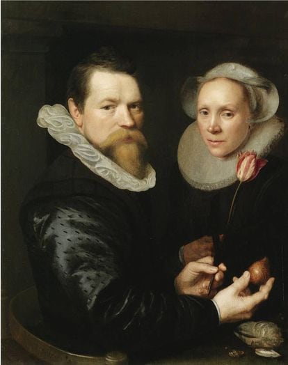 'Doble retrato de marido y mujer con tulipán, bulbo y conchas'. Michiel Jansz van Mierevelt, 1609. |