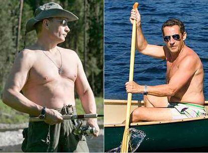 A la izquierda, Vladimir Putin pescando en el río Yenisey. A la derecha, Nicolas Sarkozy remando en el lago Winnipesaukee.