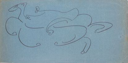 Dibujo de un jinete sobre papel azul que Kafka hizo en una hoja suelta.