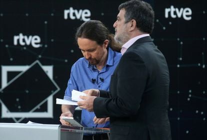 Pablo Iglesias (Unidas Podemos), momentos antes del inicio del debate.