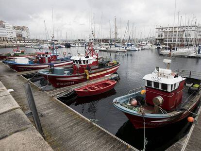 Los pocos pesqueros que fondean en la Marina de A Coruña, con el puerto deportivo y la casa de Amancio Ortega en O Parrote al fondo.