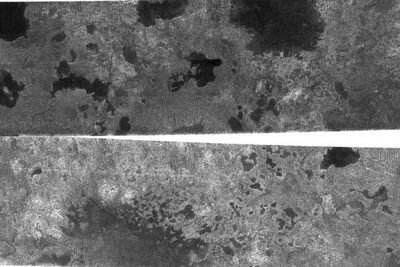 Imágenes de los lagos de metano descubiertos en la superficie de Titán, enviados por la sonda Cassini-Huygens.